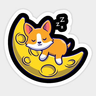 Cute Corgi Dog Sleeping On The Moon Cartoon Sticker